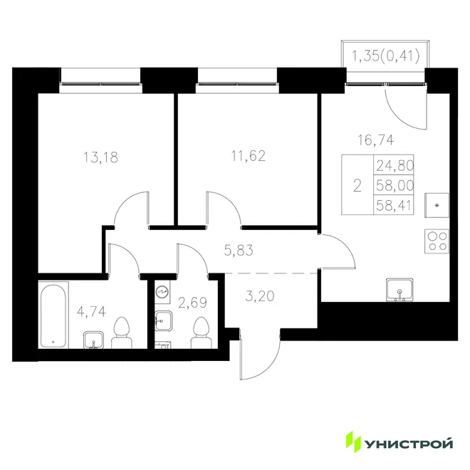 Планировка 2-комн. квартира, 58.41 м² ЖК «Statum»