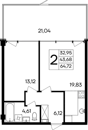 Планировка 2-комн. квартира, 64.72 м² Курортный кластер «САГА»