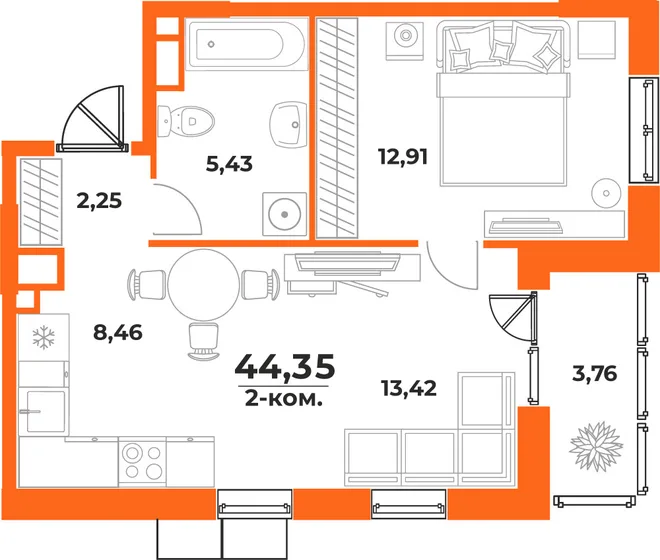 Планировка 2-комн. квартира, 44.35 м² ЖК «Живописный сад» Планировка 2-комн. квартира, 44.35 м² ЖК «Живописный сад»