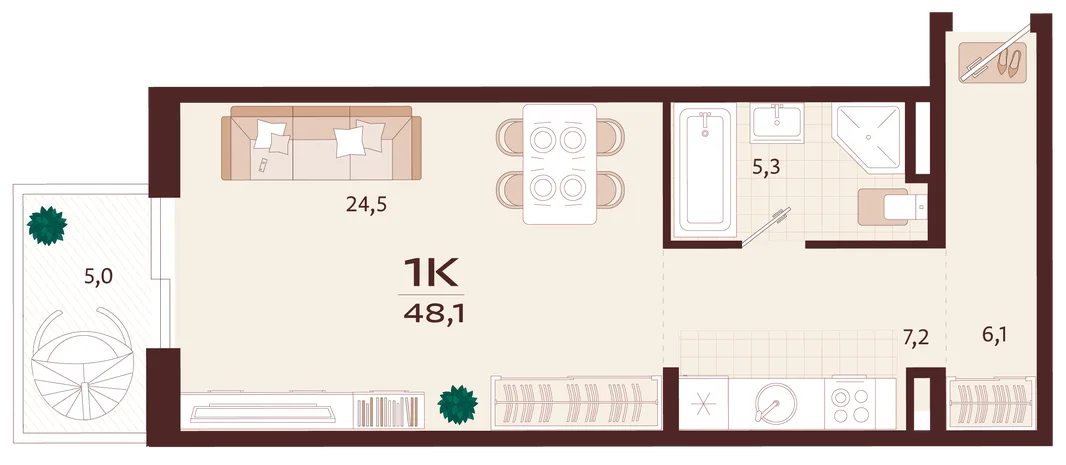 Планировка 1-комн. квартира, 48.1 м² ЖК «Роялта»
