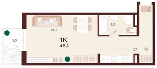 Планировка 1-комн. квартира, 48.1 м² ЖК «Роялта»