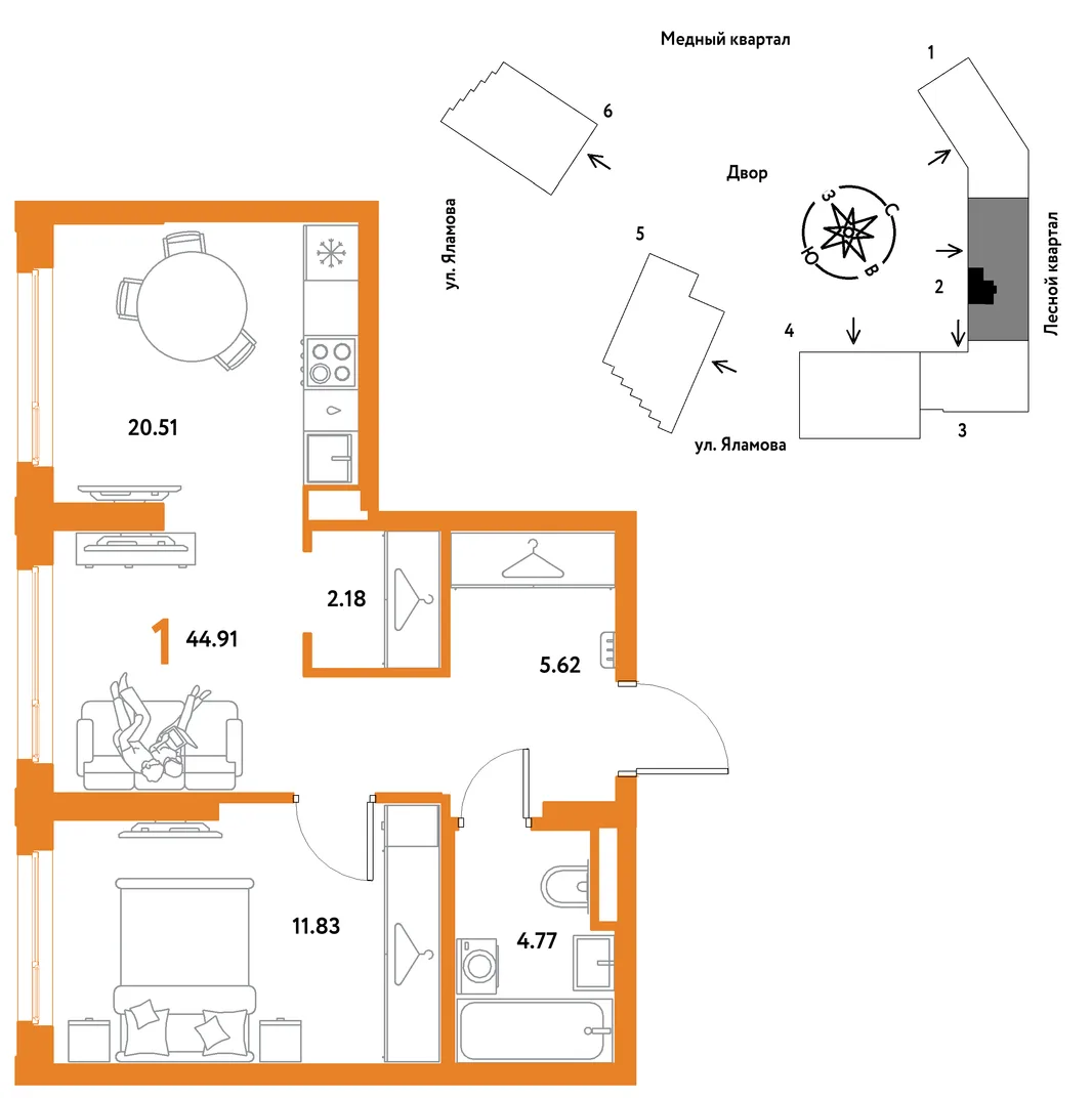 Планировка 1-комн. квартира, 44.91 м² ЖК «Сибирский сад»