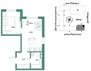 Планировка 2-комн. квартира, 39.14 м² ЖК «Остров-сад»