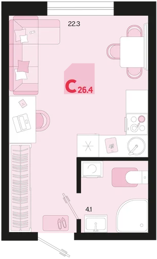 Планировка Студия, 26.4 м² ЖК «Первое место»