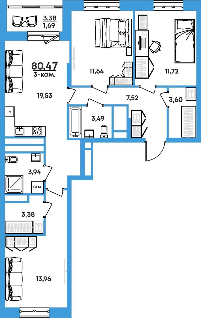 Планировка 3-комн. квартира, 80.47 м² ЖК «На семи холмах» Планировка 3-комн. квартира, 80.47 м² ЖК «На семи холмах»