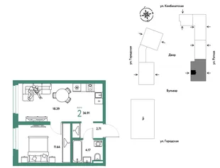 Планировка 2-комн. квартира, 36.91 м² ЖК «Уральский сад»