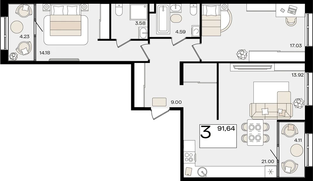 Планировка 3-комн. квартира, 91.13 м² ЖК «Патрики»