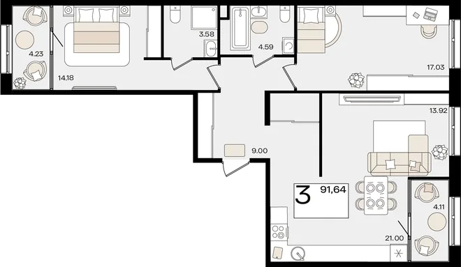 Планировка 3-комн. квартира, 91.13 м² ЖК «Патрики» Планировка 3-комн. квартира, 91.13 м² ЖК «Патрики»