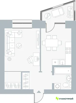 Планировка 1-комн. квартира, 39.42 м² ЖК «Причал»