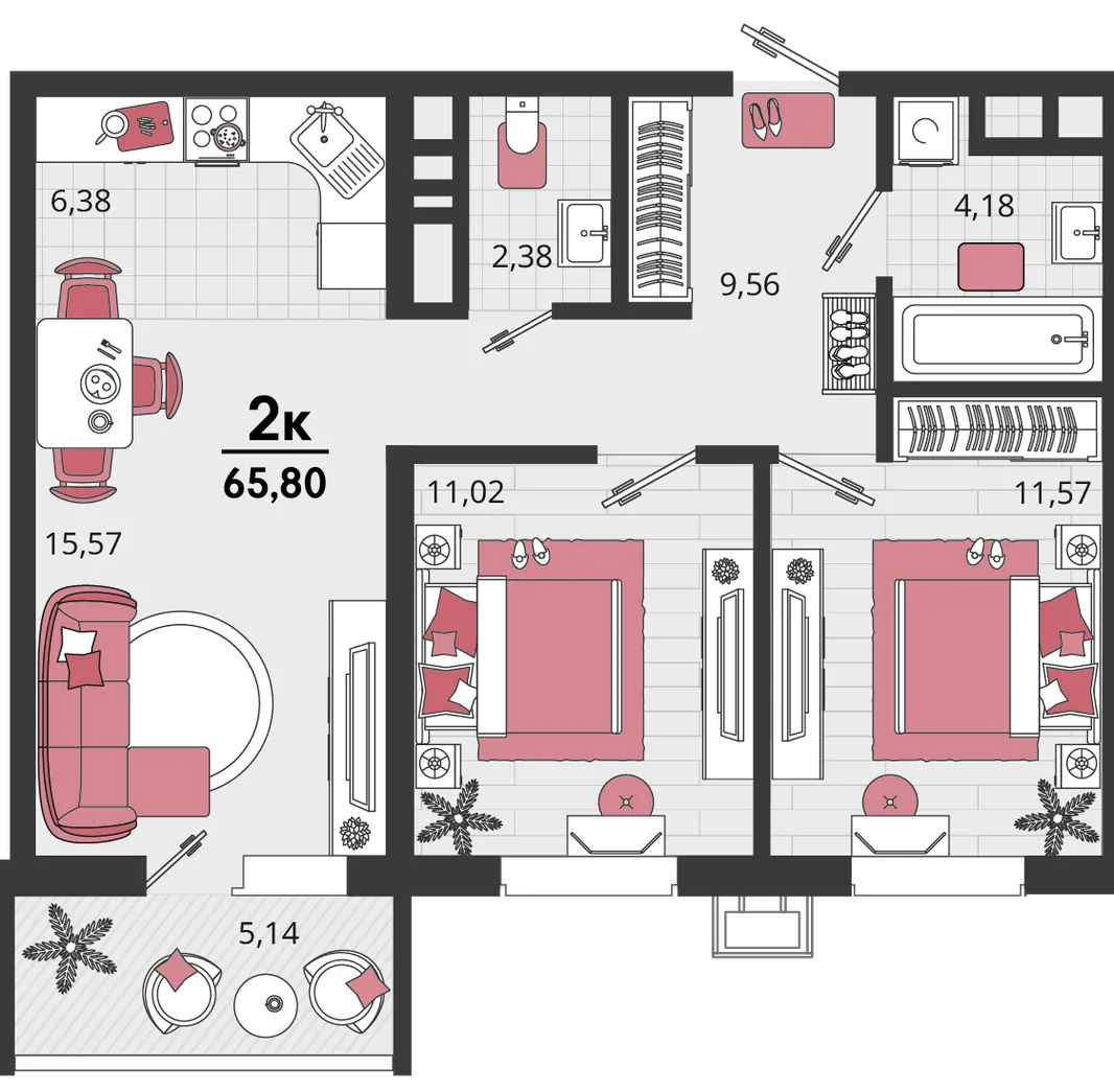 Планировка 3-комн. квартира, 65.8 м² ЖК «Родные просторы»