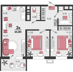 Планировка 3-комн. квартира, 65.8 м² ЖК «Родные просторы»