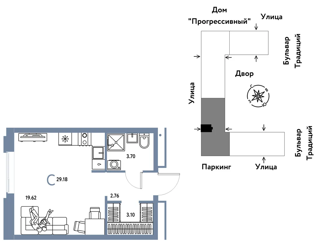 Планировка Студия, 29.18 м² ЖК «Микрорайон Домашний»