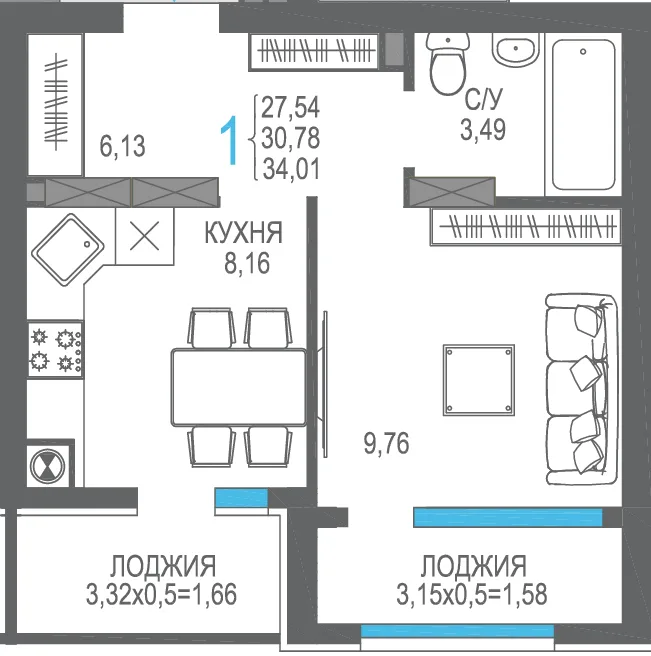 Планировка 1-комн. квартира, 30.78 м² ЖК «На Фонтанке»