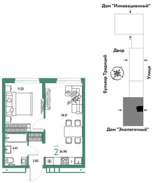 Планировка 2-комн. квартира, 36.98 м² ЖК «Микрорайон Домашний»