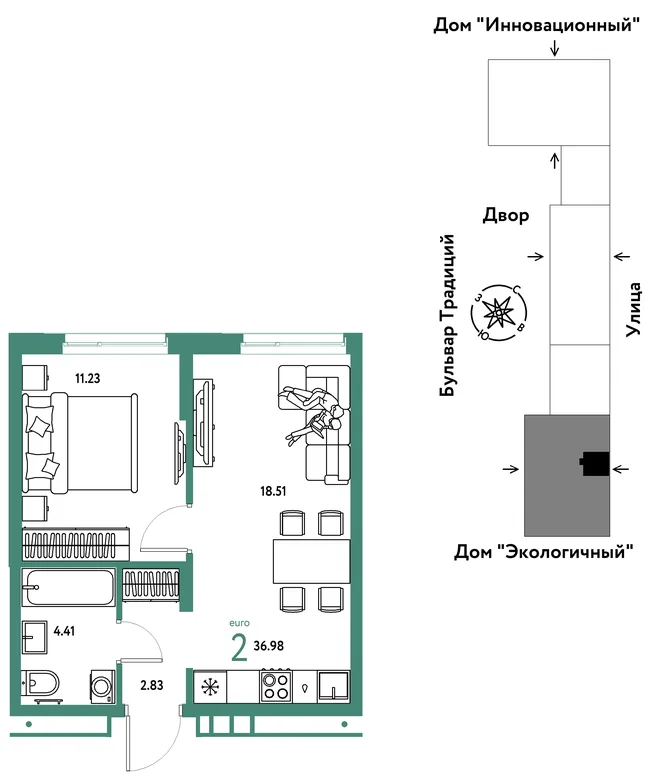 Планировка 2-комн. квартира, 36.98 м² ЖК «Микрорайон Домашний» Планировка 2-комн. квартира, 36.98 м² ЖК «Микрорайон Домашний»