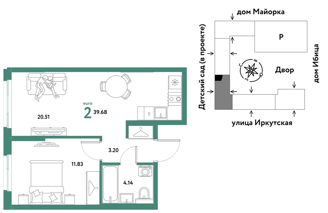 Планировка 2-комн. квартира, 39.68 м² ЖК «Остров-сад»