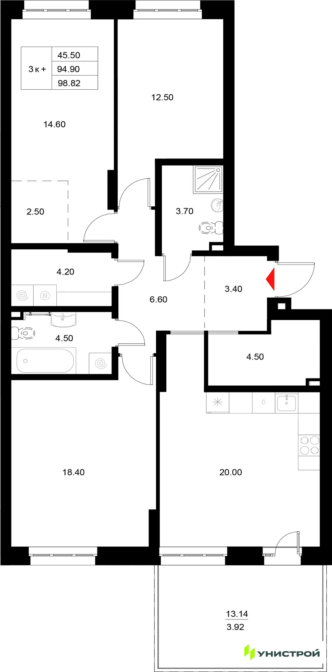Планировка 3-комн. квартира, 98.82 м² ЖК «Уникод на Технической»