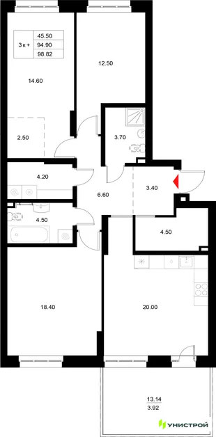 Планировка 3-комн. квартира, 98.82 м² ЖК «Уникод на Технической»