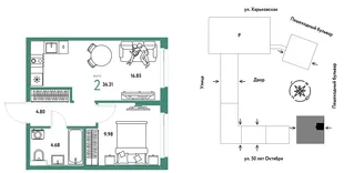 Планировка 2-комн. квартира, 36.31 м² ЖК «Сердце Сибири»