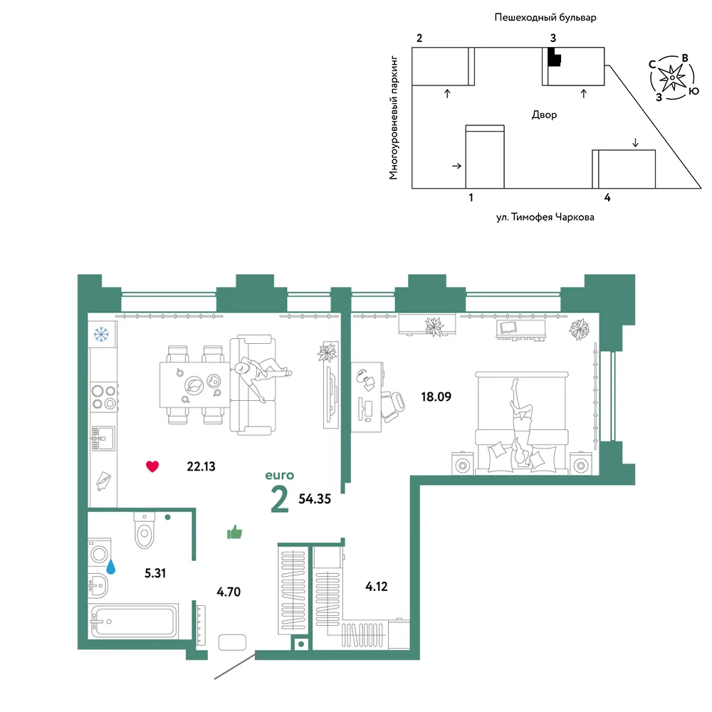 Планировка 2-комн. квартира, 54.35 м² ЖК «Микрорайон Звездный»