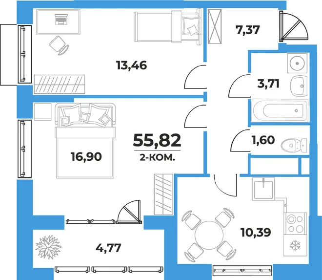 Планировка 2-комн. квартира, 55.82 м² ЖК «На семи холмах» Планировка 2-комн. квартира, 55.82 м² ЖК «На семи холмах»