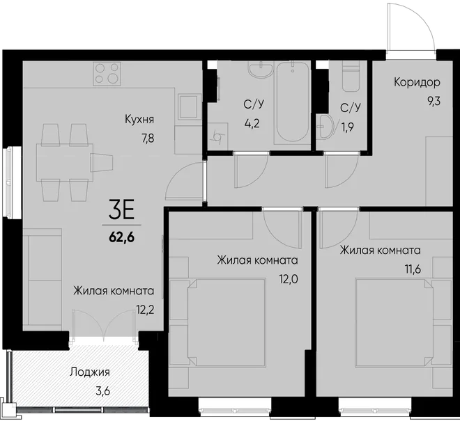 Планировка 3-комн. квартира, 62.6 м² ЖК «Васильевский остров» Планировка 3-комн. квартира, 62.6 м² ЖК «Васильевский остров»