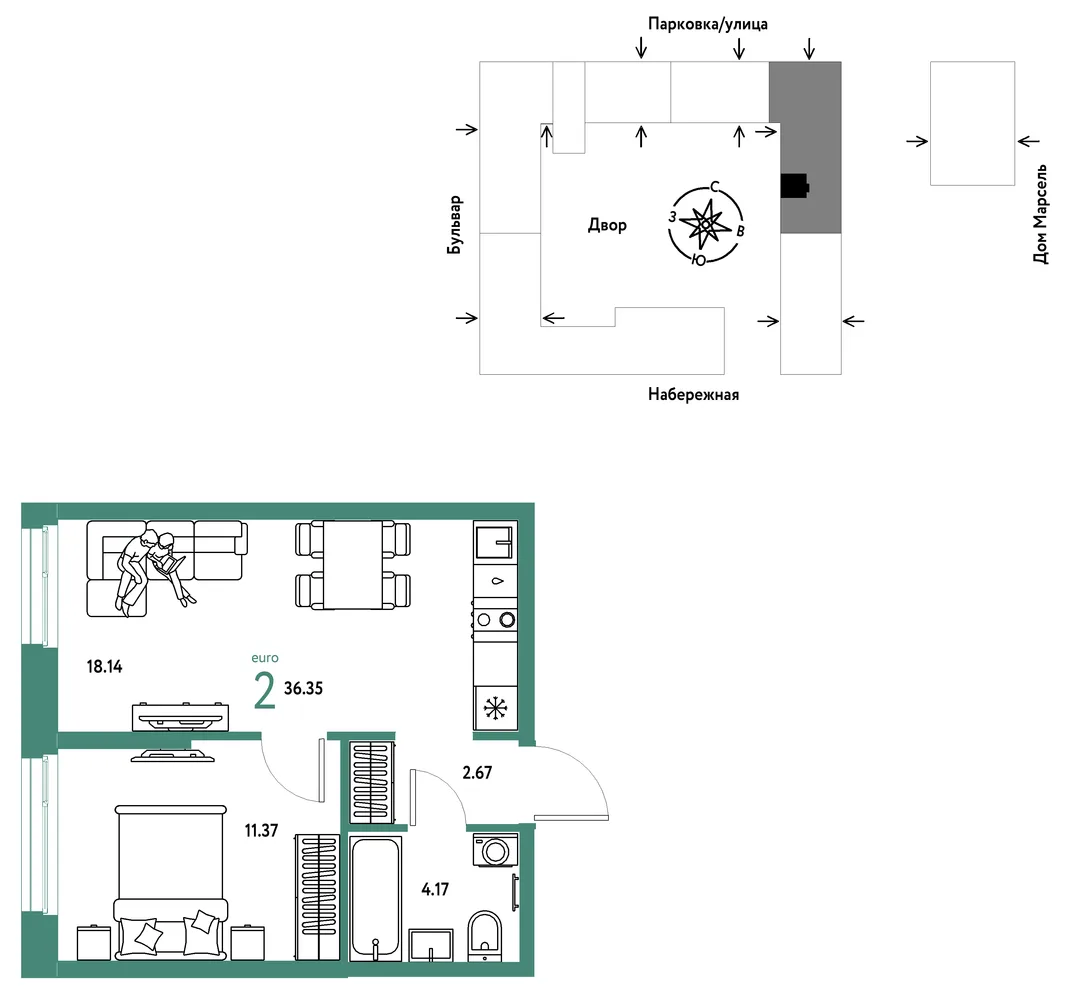 Планировка 2-комн. квартира, 36.35 м² ЖК «Европейский берег 2.0»