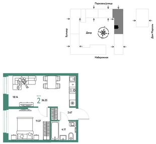 Планировка 2-комн. квартира, 36.35 м² ЖК «Европейский берег 2.0»