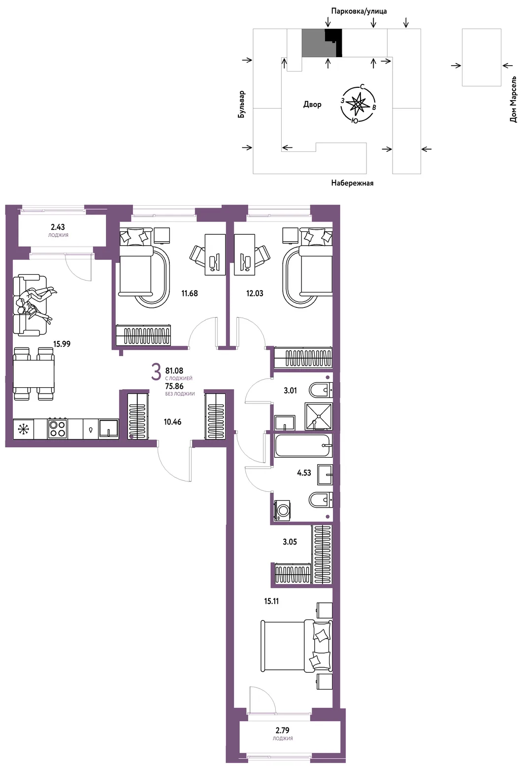 Планировка 3-комн. квартира, 81.08 м² ЖК «Европейский берег 2.0»