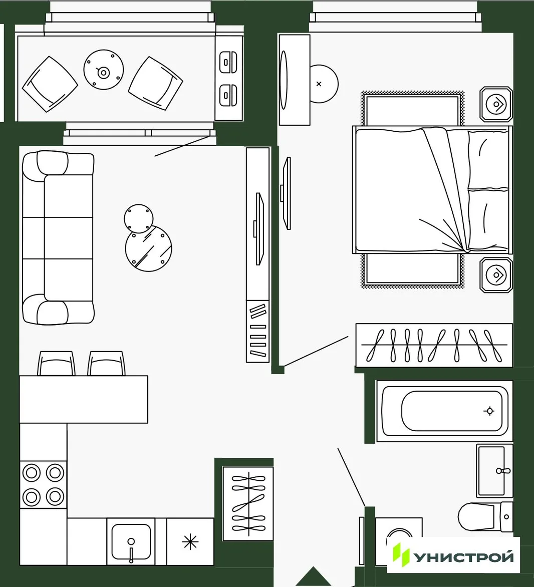 Планировка 1-комн. квартира, 38.2 м² ЖК «Парковый квартал 2.0»