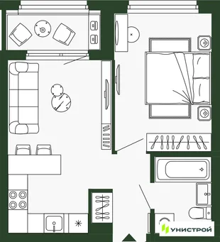Планировка 1-комн. квартира, 38.2 м² ЖК «Парковый квартал 2.0»