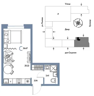 Планировка Студия, 26.67 м² ЖК «Остров-сад»