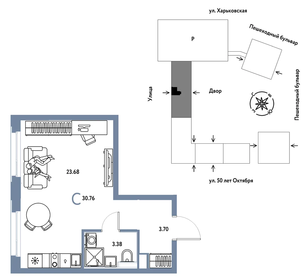Планировка Студия, 30.76 м² ЖК «Сердце Сибири»