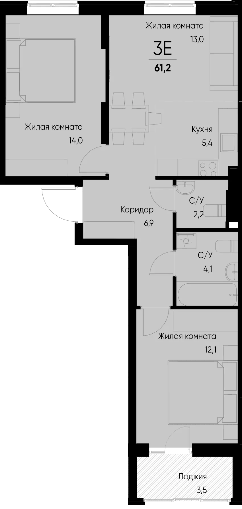 Планировка 3-комн. квартира, 61.2 м² ЖК «Васильевский остров»