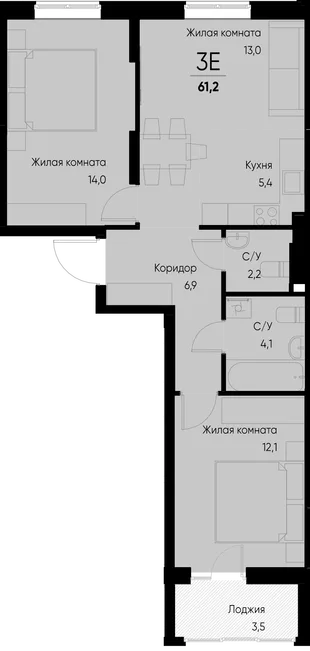 Планировка 3-комн. квартира, 61.2 м² ЖК «Васильевский остров»