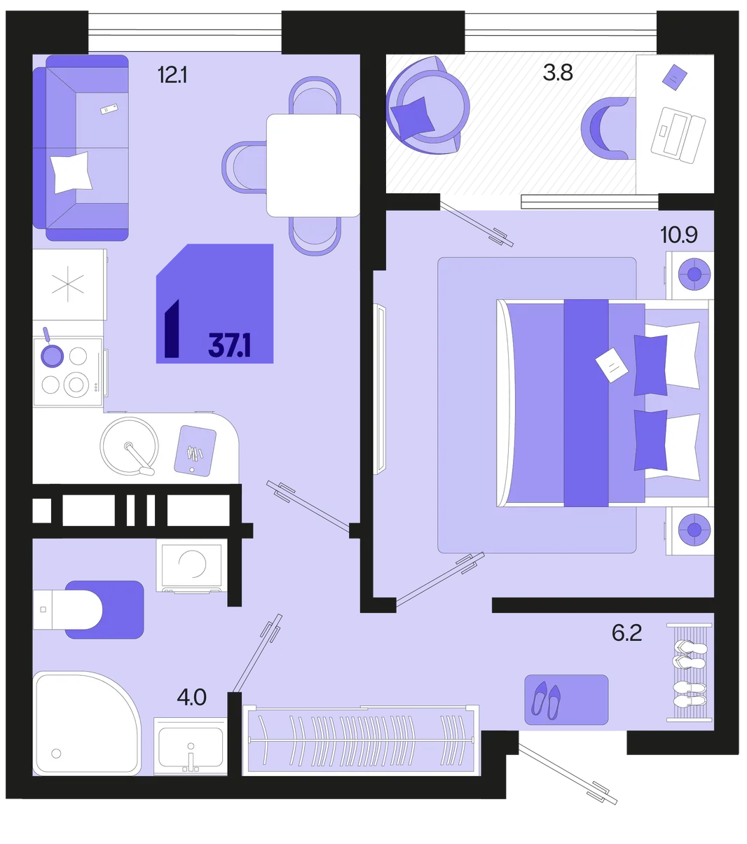 Планировка 1-комн. квартира, 37.1 м² ЖК «Первое место»