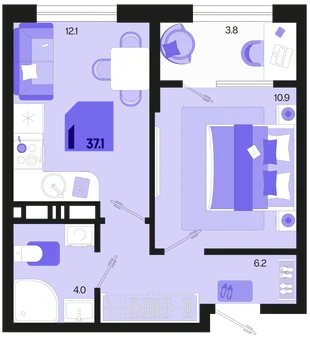 Планировка 1-комн. квартира, 37.1 м² ЖК «Первое место»