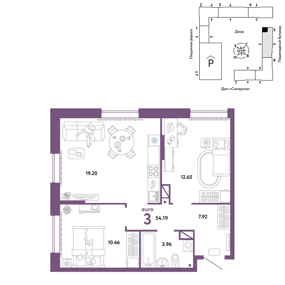Планировка 3-комн. квартира, 54.19 м² ЖК «Юнион»