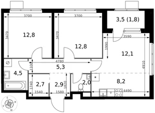 Планировка 3-комн. квартира, 65.1 м² ЖК «1-й Химкинский»