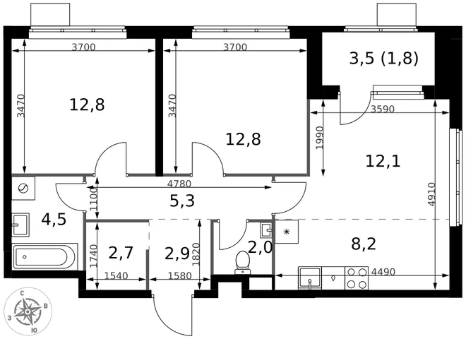 Планировка 3-комн. квартира, 65.1 м² ЖК «1-й Химкинский» Планировка 3-комн. квартира, 65.1 м² ЖК «1-й Химкинский»