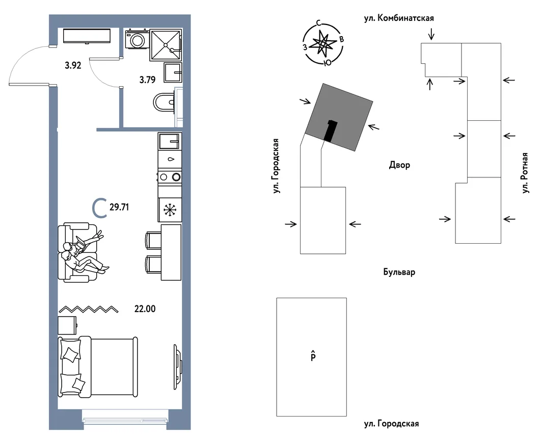Планировка Студия, 29.71 м² ЖК «Уральский сад»