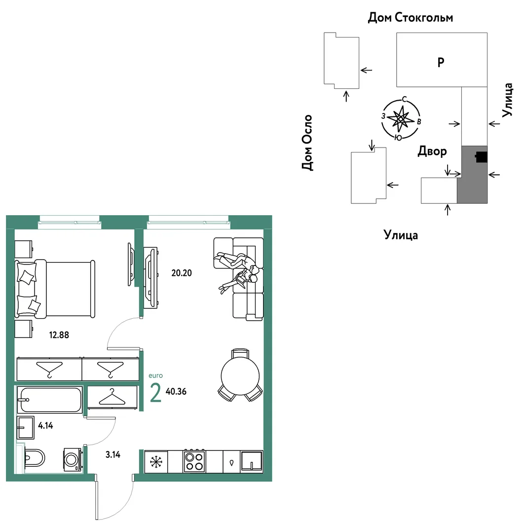 Планировка 2-комн. квартира, 40.36 м² ЖК «Европейский берег 2.0»