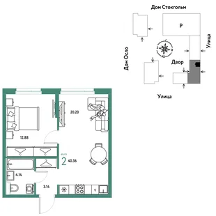 Планировка 2-комн. квартира, 40.36 м² ЖК «Европейский берег 2.0»