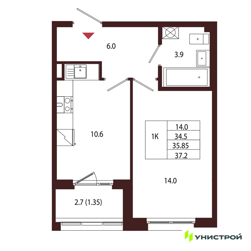 Планировка 1-комн. квартира, 35.85 м² ЖК «Лисино»