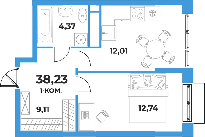 Планировка 1-комн. квартира, 38.23 м² ЖК «На семи холмах» Планировка 1-комн. квартира, 38.23 м² ЖК «На семи холмах»