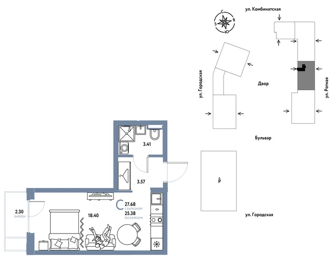 Планировка Студия, 27.68 м² ЖК «Уральский сад»