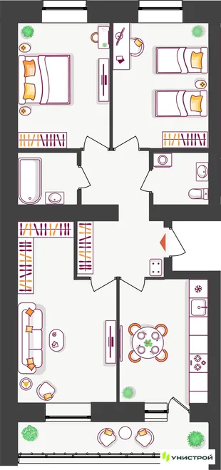 Планировка 3-комн. квартира, 74.93 м² ЖК «Южный бульвар 2»