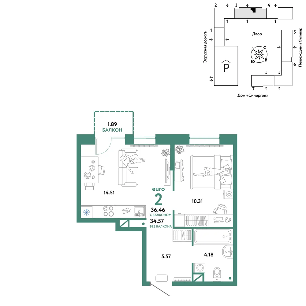 Планировка 2-комн. квартира, 36.46 м² ЖК «Юнион»