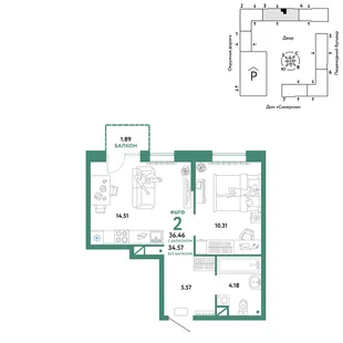Планировка 2-комн. квартира, 36.46 м² ЖК «Юнион»