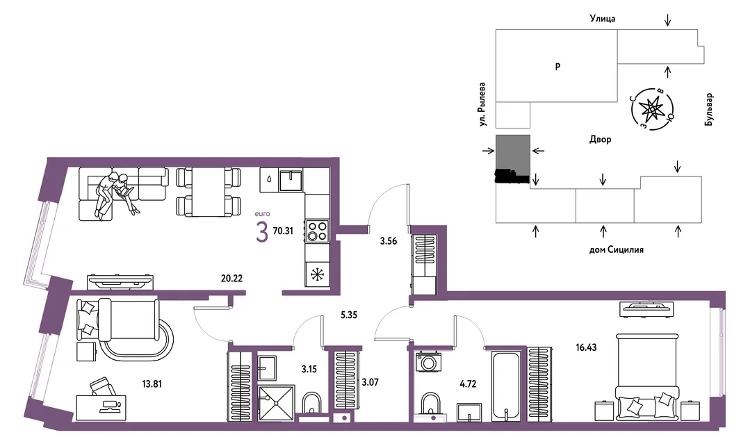 Планировка 3-комн. квартира, 70.31 м² ЖК «Остров-сад»